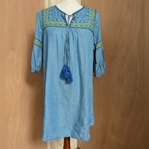 Given Kale Lyocell Chambray Embroidered Tassel Boho Tunic Dress XS